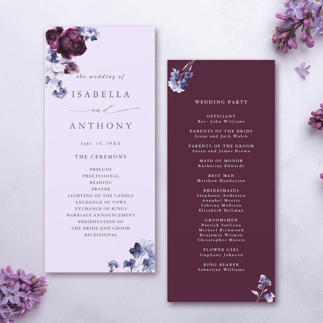 Plum Purple & Indigo Blue Elegant Floral Wedding  Program (Front & Back)