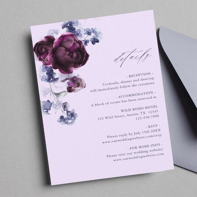 Plum Purple & Indigo Blue Floral Wedding Details Enclosure Card (Creator Uploaded)