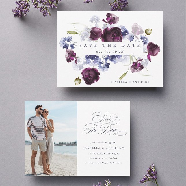 Plum Purple & Indigo Blue Floral Wedding Photo Save The Date (Front & Back)