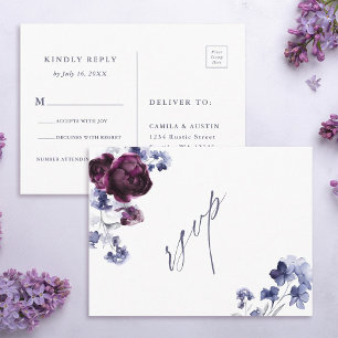 Plum Purple & Indigo Blue Floral Wedding RSVP Postcard
