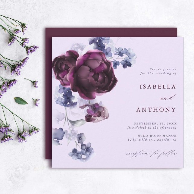 Plum Purple & Indigo Blue Floral Wedding Square Invitation (Creator Uploaded)