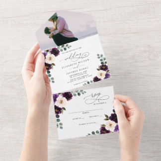 Plum Purple Ivory Eggplant Floral Photo Wedding All In One Invitation