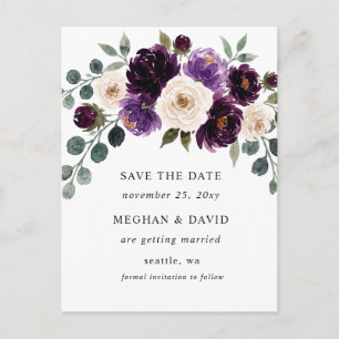 Plum Purple Ivory Eggplant Floral Save the Date Announcement Postcard