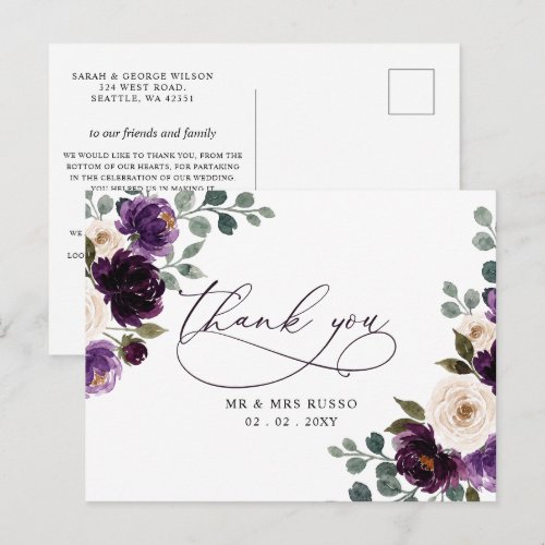 Plum Purple Ivory Eggplant Floral Thank You Postcard
