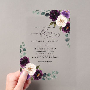 Plum Purple Ivory Eggplant Floral Wedding Acrylic Invitations
