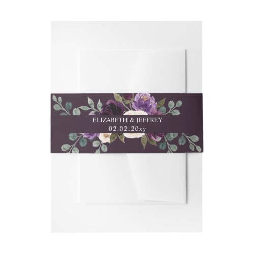 Plum Purple Ivory Eggplant Floral Wedding Invitation Belly Band