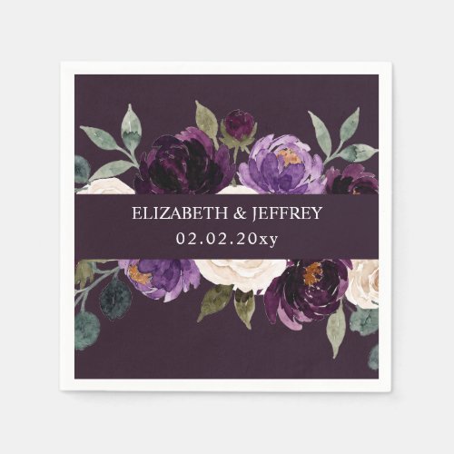 Plum Purple Ivory Eggplant Floral Wedding Napkins