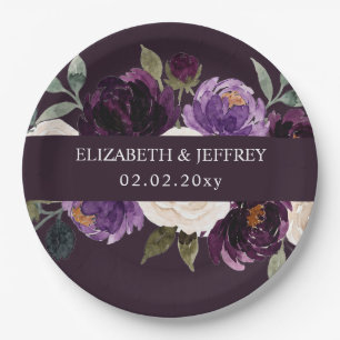Plum Purple Ivory Eggplant Floral Wedding Paper Plates