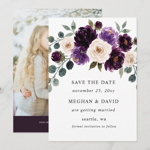 Plum Purple Ivory Eggplant Floral Wedding Photo Save The Date