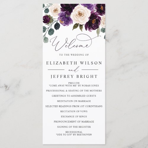 Plum Purple Ivory Eggplant Floral Wedding Program