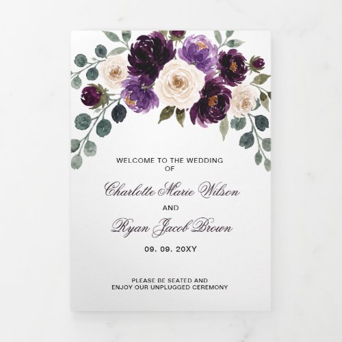 Plum Purple Ivory Eggplant Floral Wedding Tri-Fold Program