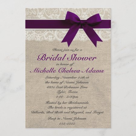 Plum Purple Lace Burlap Bridal Shower Invitation