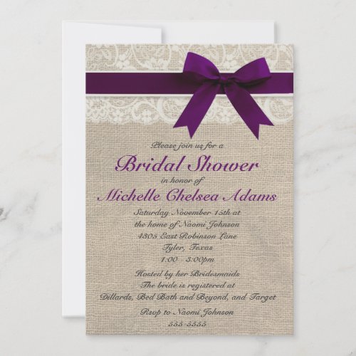 Plum Purple Lace Burlap Bridal Shower Invitation