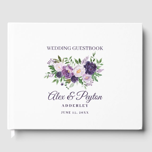Plum Purple Lavender Floral White Wedding  Guest Book (Front)