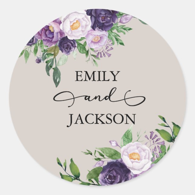 Plum Purple Lavender Greenery Gray Wedding Classic Round Sticker (Front)