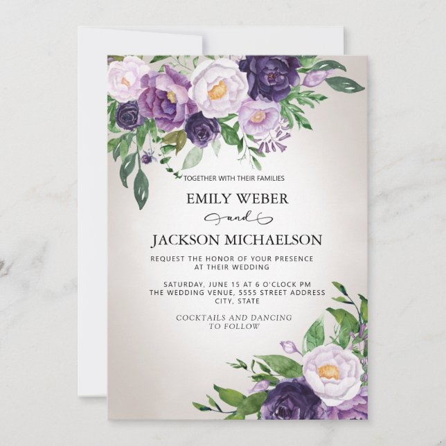 Plum Purple Lavender Greenery Gray Wedding Invitation (Front)