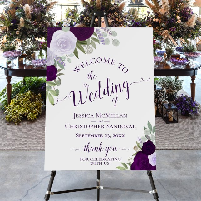 Plum Purple & Lavender Roses Boho Wedding Welcome Foam Board (In Situ on Stand with Flowers)