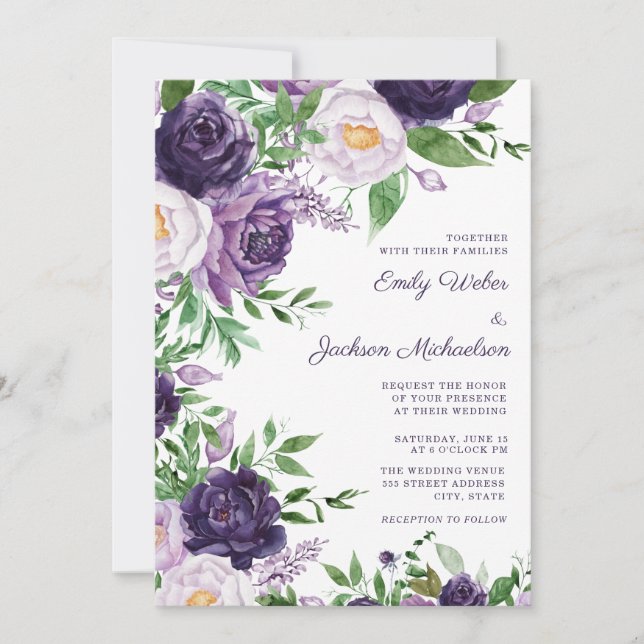 Plum Purple Lavender Watercolor Floral Wedding Invitation (Front)
