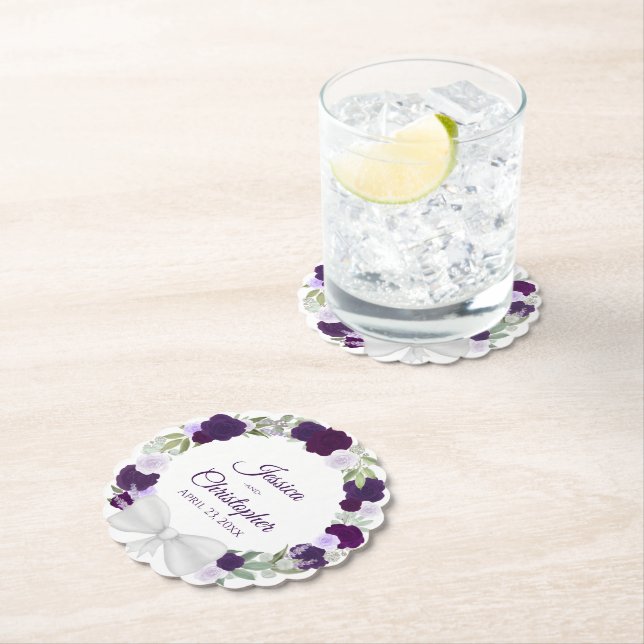 Plum Purple & Lavender Wreath of Roses Wedding Paper Coaster (Insitu)