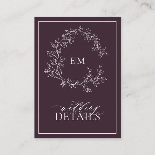 Plum Purple Leafy Crest Monogram Wedding Details Enclosure Card