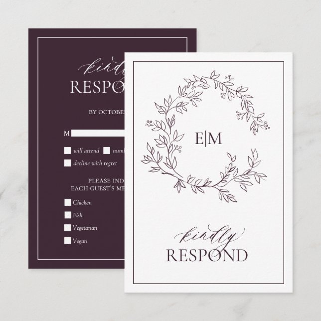 Plum Purple Leafy Crest Monogram Wedding RSVP Card (Front/Back)