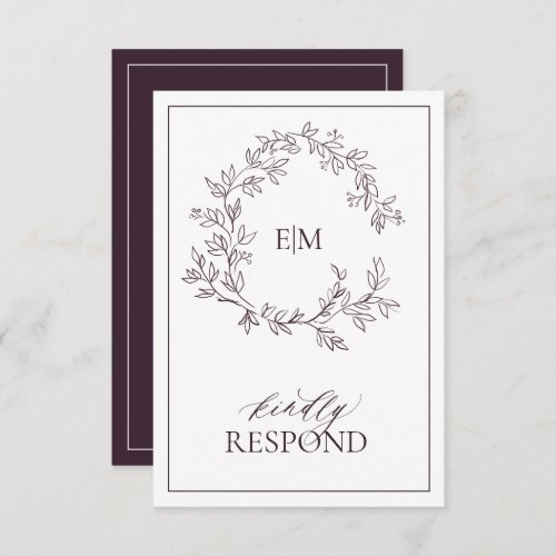 Plum Purple Leafy Crest Monogram Wedding RSVP Card