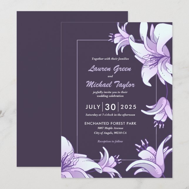 Plum Purple Lily Flower Floral Spring Wedding Invitation (Front/Back)