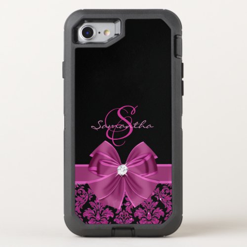 Plum Purple Magenta Black Damask Bow Diamond OtterBox Defender iPhone SE87 Case