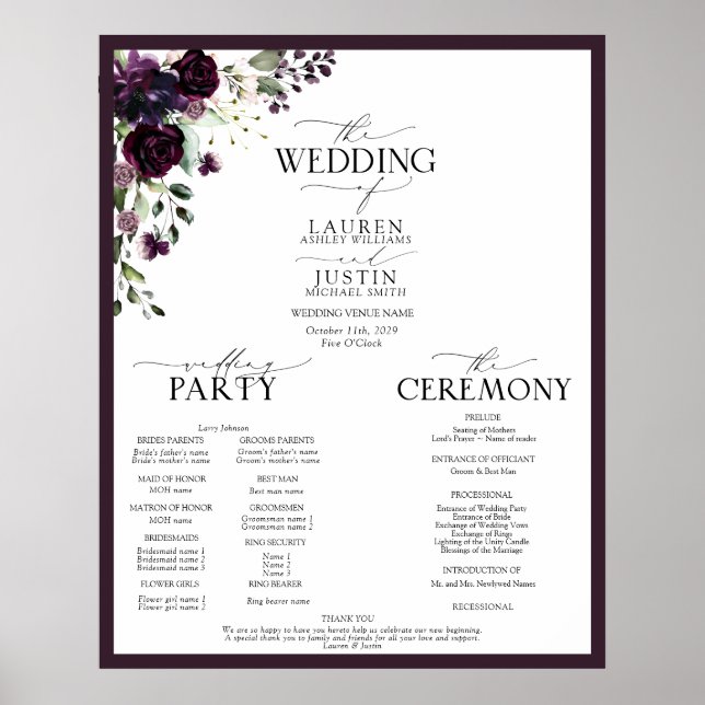 Plum Purple Mauve Floral Watercolor Program Poster (Front)