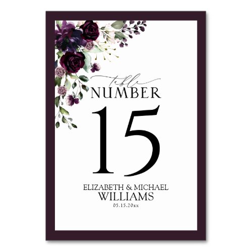 Plum Purple Mauve Floral Watercolor Reception Table Number