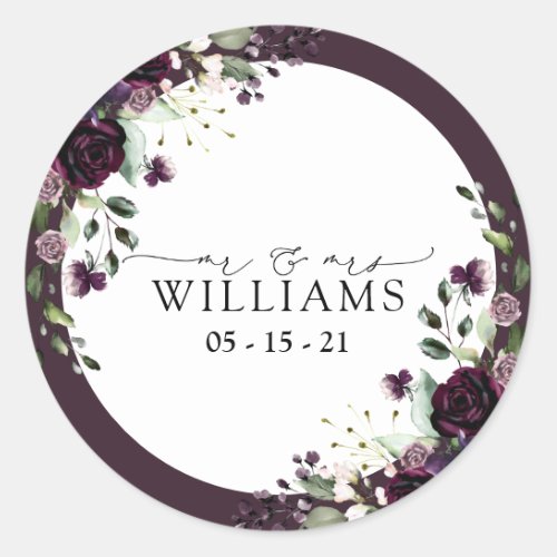 Plum Purple Mauve Floral Watercolor Script Wedding Classic Round Sticker