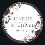 Plum Purple Mauve Floral Watercolor Script Wedding Classic Round Sticker<br><div class="desc">A unique wedding favor sticker, this trendy design features floral bouquets of rich plum purple, lavender and mauve flowers and botanical greenery, and is bordered in plum purple. Personalize your details accented with beautiful modern hand lettered calligraphy. Attach them as a seal on your favor bagsor on the envolope of...</div>