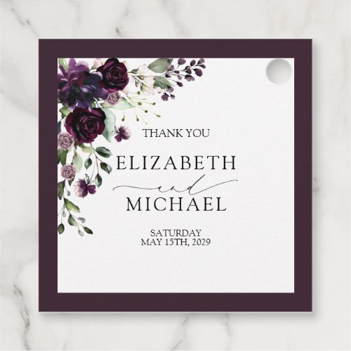 Plum Purple Mauve Floral Watercolor Script Wedding Favor Tags
