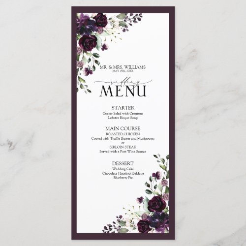 Plum Purple Mauve Floral Watercolor Script Wedding Menu