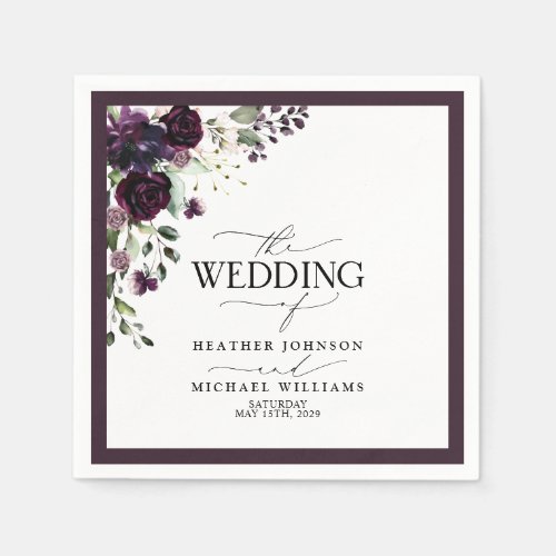 Plum Purple Mauve Floral Watercolor Script Wedding Napkins