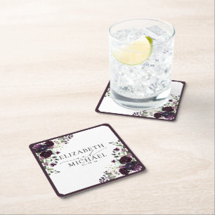 Plum Purple Mauve Floral Watercolor Script Wedding Square Paper Coaster