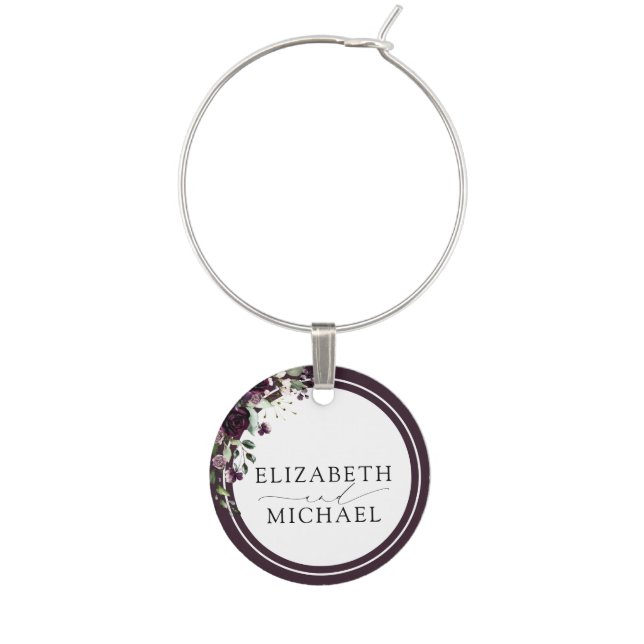 Plum Purple Mauve Floral Watercolor Script Wine Charm (Front)
