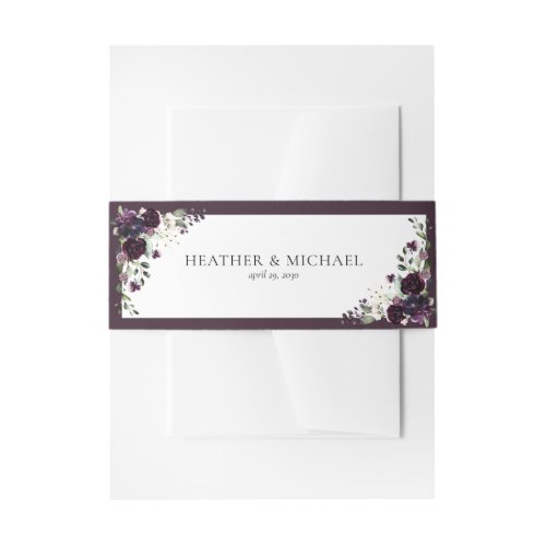 Plum Purple Mauve Floral Watercolor Wedding Invitation Belly Band