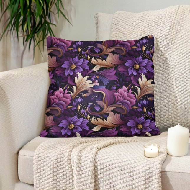 Plum Purple Mauve Gold Ornate Baroque  Throw Pillow (Plum purple, mauve, baroque-style flowers and leaves luxury pillow)