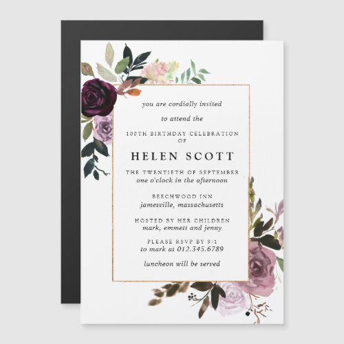 Plum Purple Mauve Pink Floral 100th Birthday Magnetic Invitation