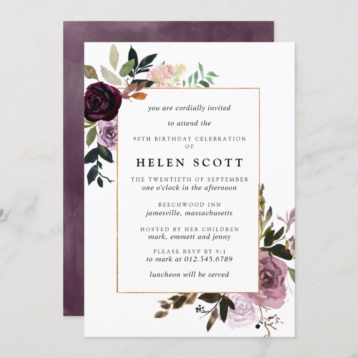 Plum Purple Mauve Pink Floral 90th Birthday Invitation | Zazzle