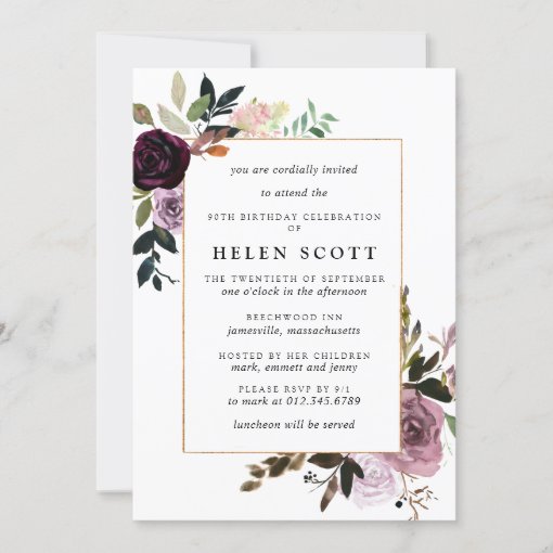 Plum Purple Mauve Pink Floral 90th Birthday Invitation | Zazzle