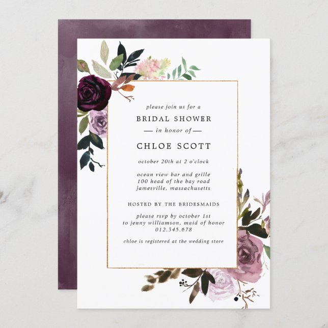Plum Purple Mauve Pink Floral Bridal Shower Invitation (Front/Back)