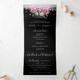 Plum Purple & Mauve Pink Heart Leaf Tree Wedding Tri-Fold Invitation