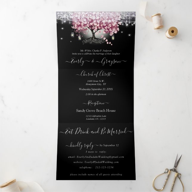 Plum Purple & Mauve Pink Heart Leaf Tree Wedding Tri-Fold Invitation (Inside)