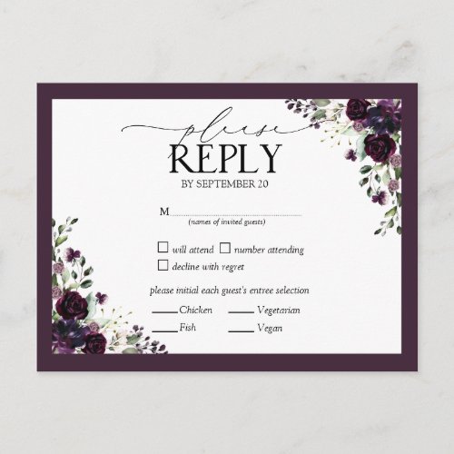 Plum Purple Mauve Watercolor Floral Wedding RSVP Invitation Postcard
