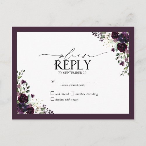 Plum Purple Mauve Watercolor Floral Wedding RSVP Invitation Postcard