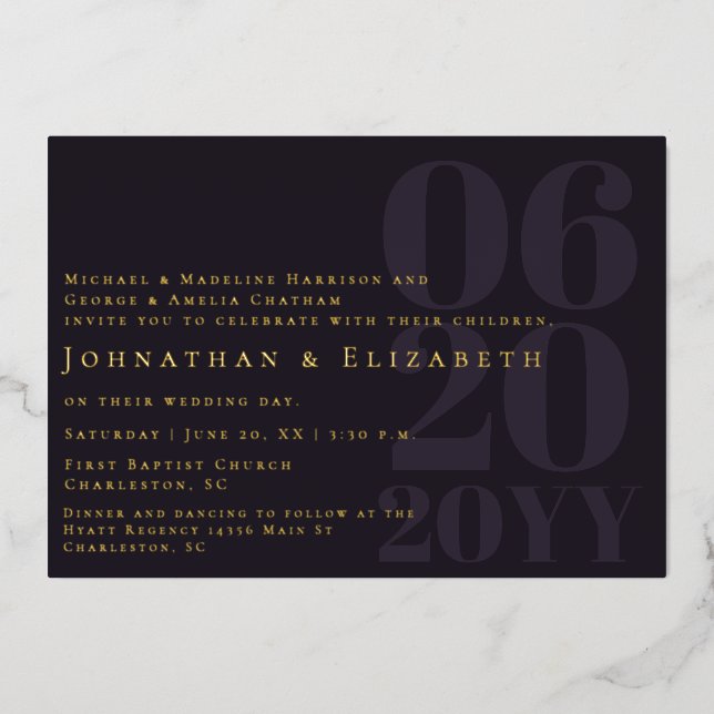Plum Purple Minimalist Bold Type Photo Wedding Foil Invitation (Front)