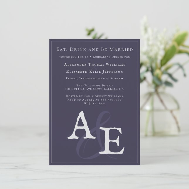 Plum Purple Minimalist Monogram  Invitation (Standing Front)