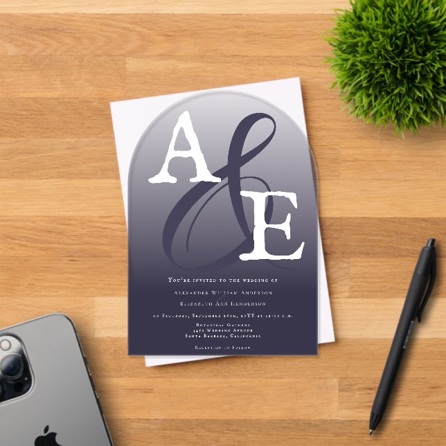 Plum Purple Minimalist Monogram Wedding Acrylic Invitations (Insitu (Invitation Card))